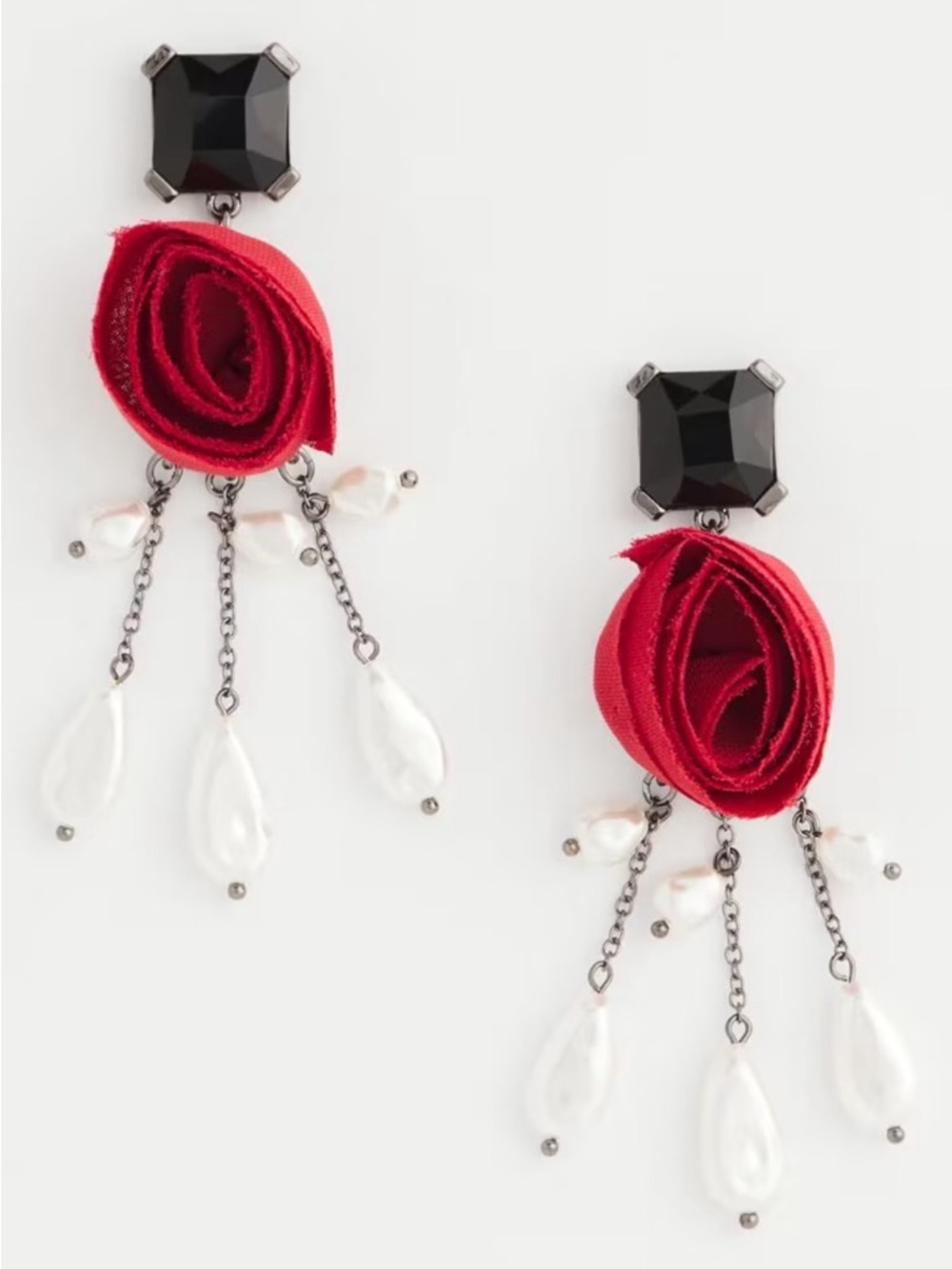 Chico's Red Rose Pearl Drop Earrings with Black Studs